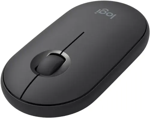 Logitech Pebble i345 graphite wireless mouse next to iPad