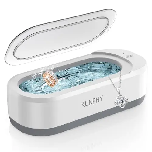 Sleek white KUNPHY ultrasonic jewelry cleaner.