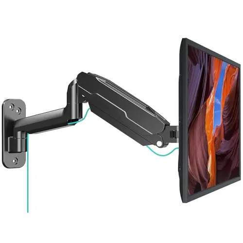 MOUNT PRO black single monitor wall mount arm extended from the wall
