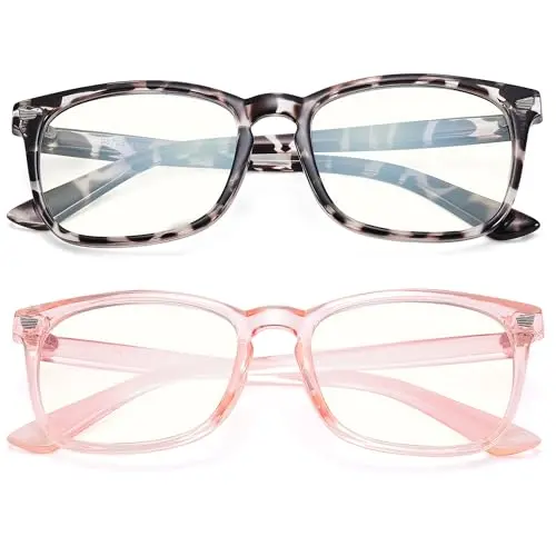 AZorb 2-pack kids blue light glasses in transparent pink and leopard print