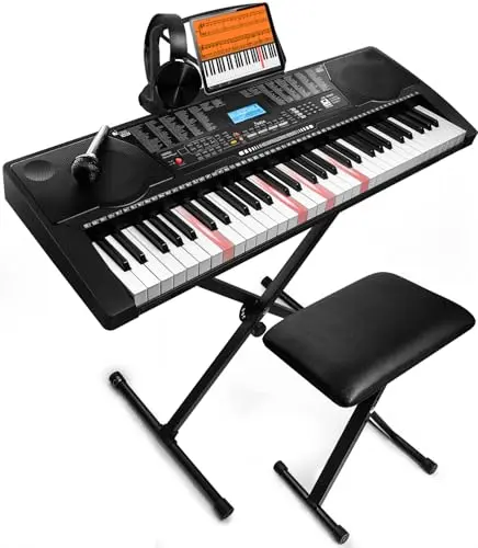 JIKADA 61-key electronic keyboard with lighted keys, on an X-stand with included stool, headphones, and microphone