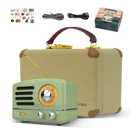 Muzen OTR green vintage-style metal Bluetooth speaker and FM radio in a small suitcase