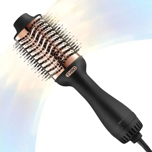 TYMO gold hair dryer brush with oval titanium barrel on a grey background
