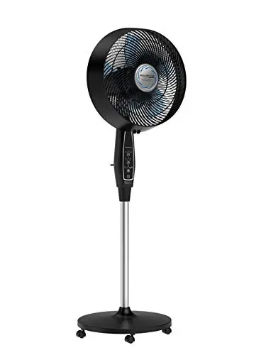 Rowenta black outdoor pedestal fan with digital display on a patio