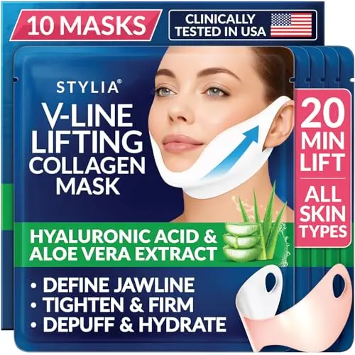 Stylia V Line Lifting Collagen Mask with ear loops for jawline contouring, pack of 10