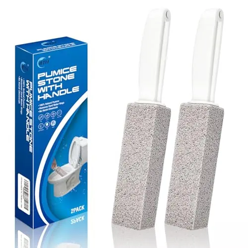 Two gray pumice stones with long plastic handles for cleaning