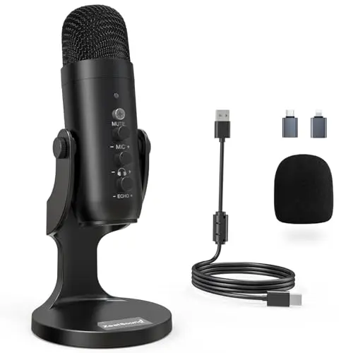 ZealSound K66 black USB microphone with mute button and control knobs on a weighted base.