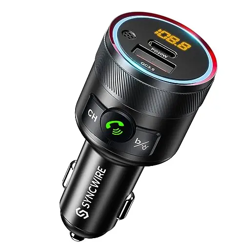 Syncwire Bluetooth 5.4 car adapter with blue LED accent lighting and dual charging ports.