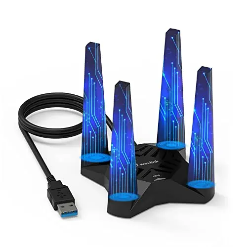 WAVLINK AX1800 USB WiFi 6 adapter with four external antennas and a magnetic base.