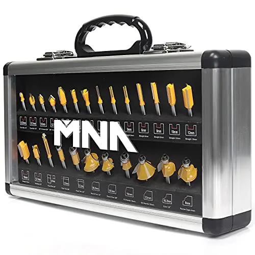 MNA 25-piece router bit set in a sleek aluminum case