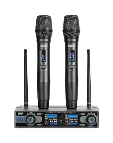 SGPRO Dual Handheld Wireless Microphone System with receiver, bodypack, and headset microphone.