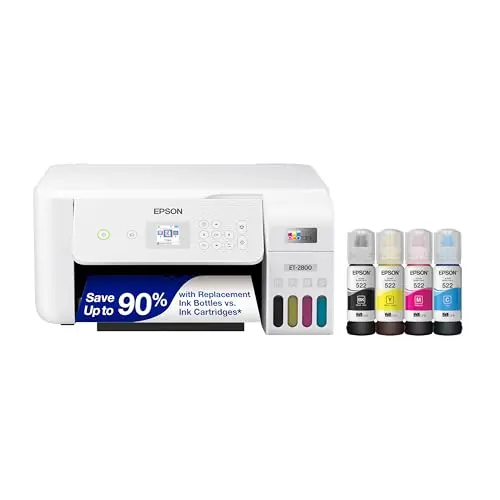 White Epson EcoTank ET-2800 wireless all-in-one supertank printer on a desk