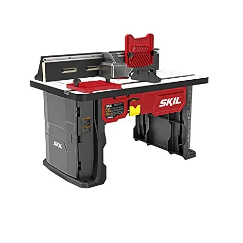 SKIL SRT1039 benchtop router table with red accents and bit storage