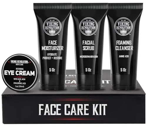 Viking Revolution Men's Facial Skin Care Kit with cleanser, scrub, moisturizer, and eye cream