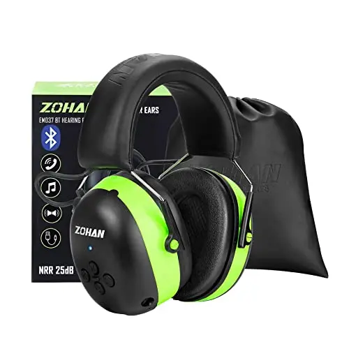 ZOHAN EM037 green Bluetooth hearing protection headphones with a leather storage bag