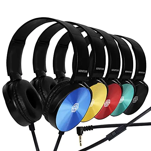 Sonitum 10 pack of colored on-ear headphones with microphone for students