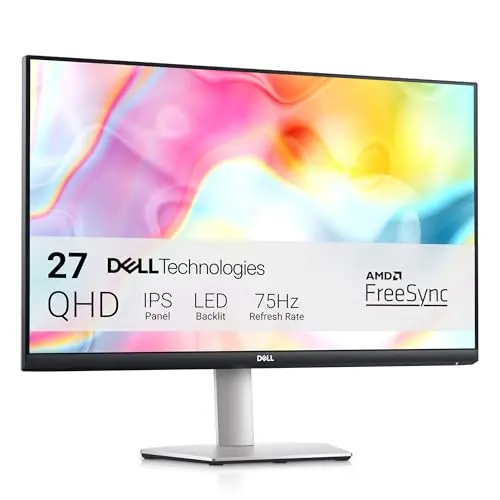 Dell 27-inch QHD monitor with clean silver stand, displaying schematic diagrams