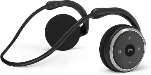 iTayak black behind-the-head neckband headphones with a carrying case.