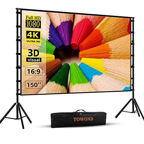 TOWOND 150-inch outdoor projector screen with stand set up in a backyard