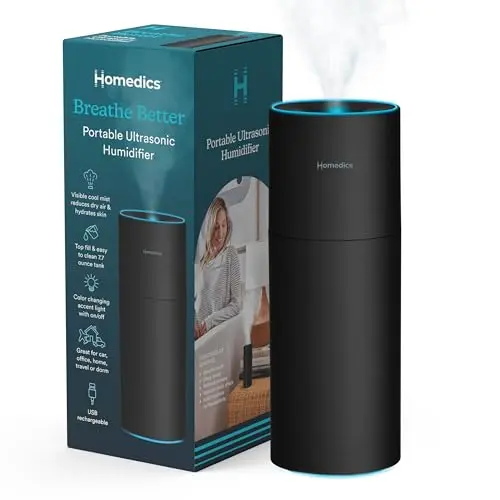 Homedics black portable ultrasonic humidifier with color-changing light