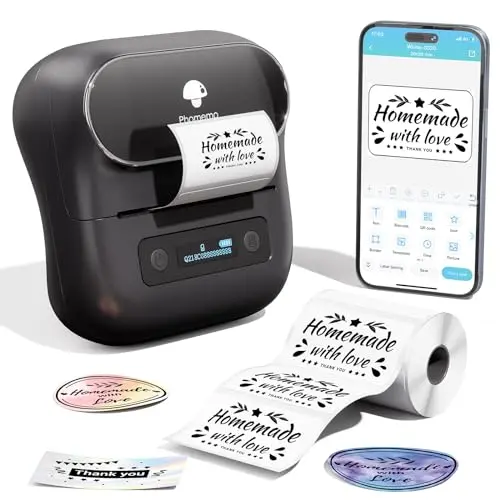 Phomemo M220 Black Bluetooth Thermal Label Maker with larger label