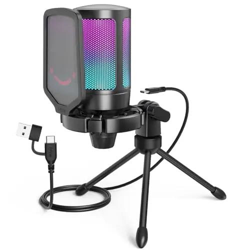 FIFINE A6V condenser microphone with gradient RGB on a tripod stand with pop filter