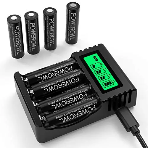 POWEROWL 8-pack of AA Ni-MH rechargeable batteries with a 4-slot LCD smart charger