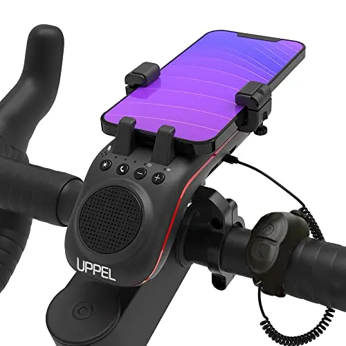 UPPEL black multifunction unit with speaker, phone holder, and LED light on handlebar