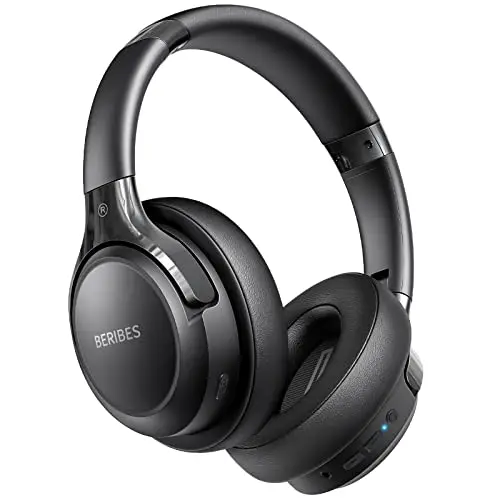 BERIBES black over-ear Bluetooth headphones folded on a table