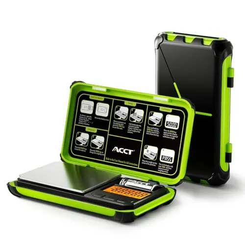 ACCT fluorescent green digital pocket scale with a 50g calibration weight