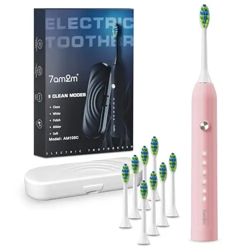 7AM2M sonic electric toothbrush in pink with eight brush heads and travel case