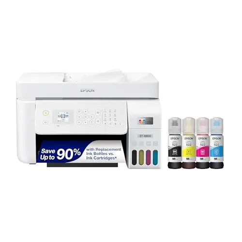 Epson EcoTank ET-4800 white wireless all-in-one printer on a desk