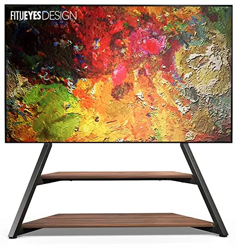 FITUEYES walnut modern floor TV stand with trapezoidal design