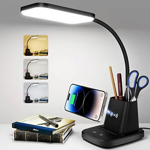 Sailstar black desk lamp with a wireless charging pad, pen holder, and flexible neck
