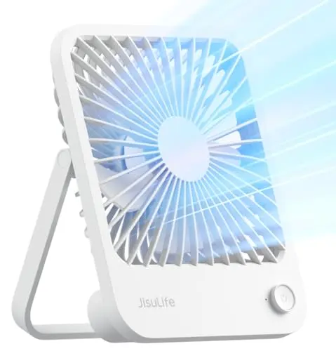 JISULIFE white foldable personal fan with 180-degree stand