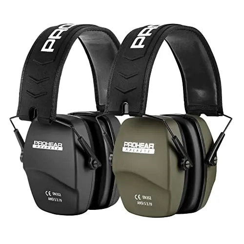 Black and green PROHEAR 016 passive earmuffs two-pack in a carrying bag