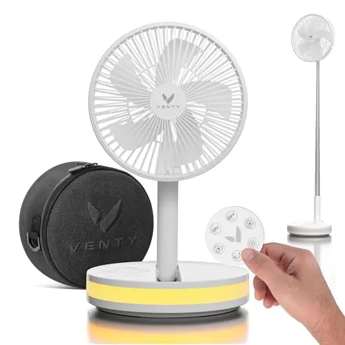 VENTY Portable Fan in white, showing its foldable design and included travel case