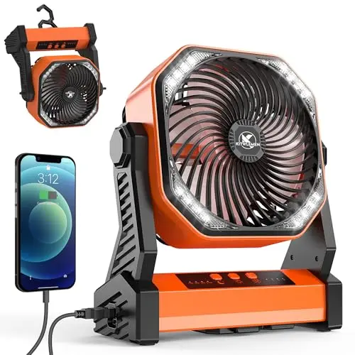 KITWLEMEN orange camping fan with LED light and hanging hook