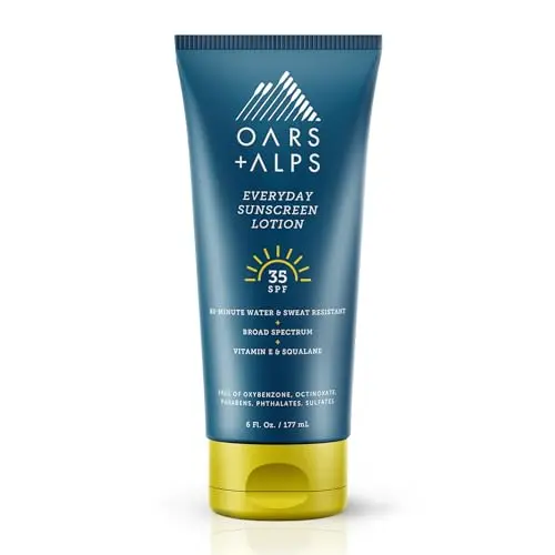 Oars + Alps SPF 35 sunscreen lotion bottle with aloe and vitamin E