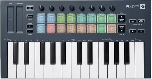 Novation FLkey Mini 25-key MIDI keyboard next to a laptop