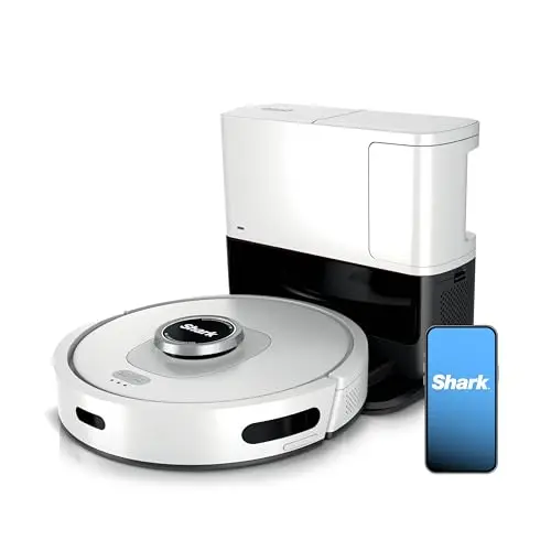 Shark AI Ultra robot vacuum with its self-emptying base on a hardwood floor