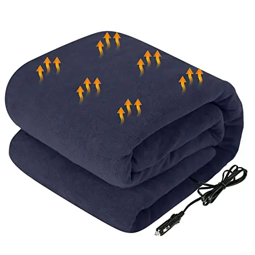 Westinghouse heated car blanket in navy blue, laid out flat to show its size.