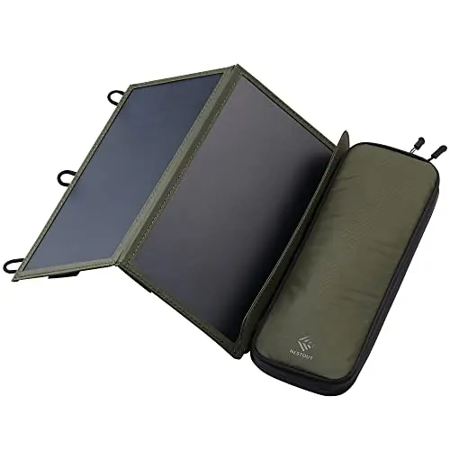 ELECOM NESTOUT 28W solar panel with integrated storage bag and adjustable stands deployed