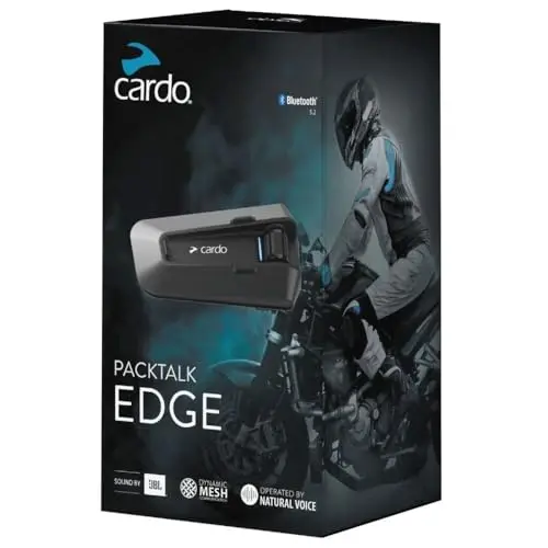 Cardo PACKTALK Edge Motorcycle Bluetooth Communication System mounted on a helmet