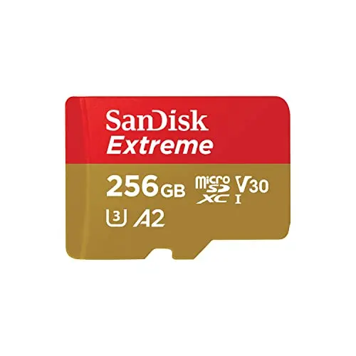 SanDisk Extreme 256GB microSD card with gold and red accents