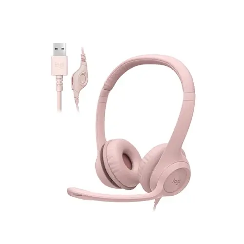 Logitech H390 wired USB headset with a rotating boom microphone, in rose color