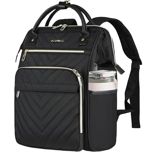 VANKEAN black floral patterned backpack with USB port on a table