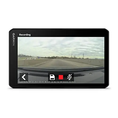 Garmin RV Cam 795 large screen GPS navigator with built-in dash camera mounted on an RV windshield