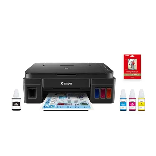 Canon PIXMA G3202 MegaTank wireless all-in-one printer in black on a desk