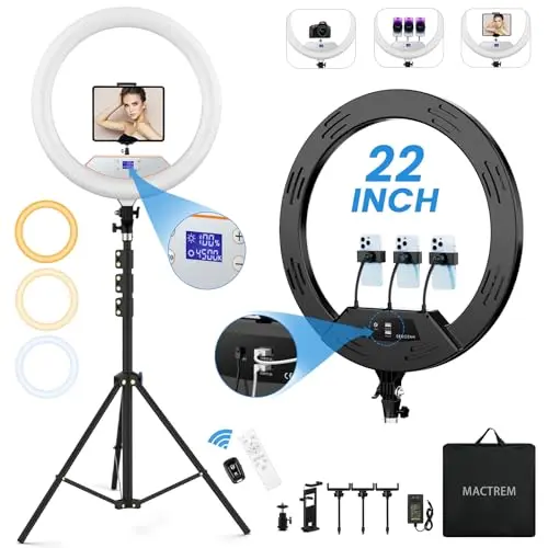 MACTREM large 22-inch ring light on adjustable tripod stand